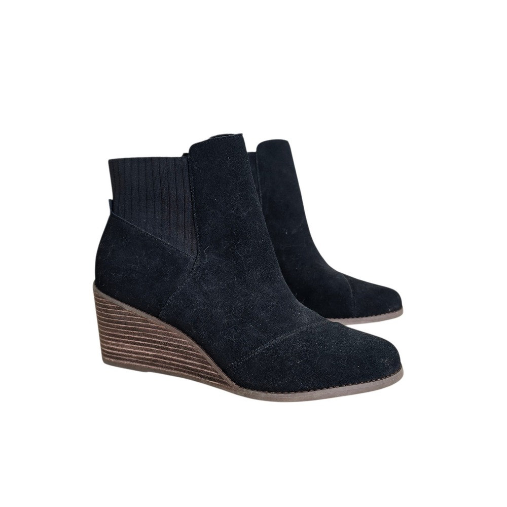 TOMS Kelsey Black Suede Wedge Booties Ankle Boots Women Size 11 10016851